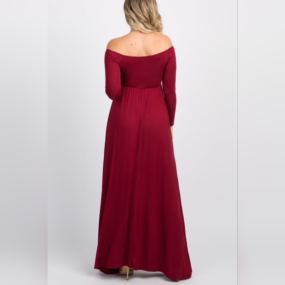 PinkBlush Burgundy Solid Off Shoulder Maternity Maxi Dress - Sz Small - Picture 3 of 5